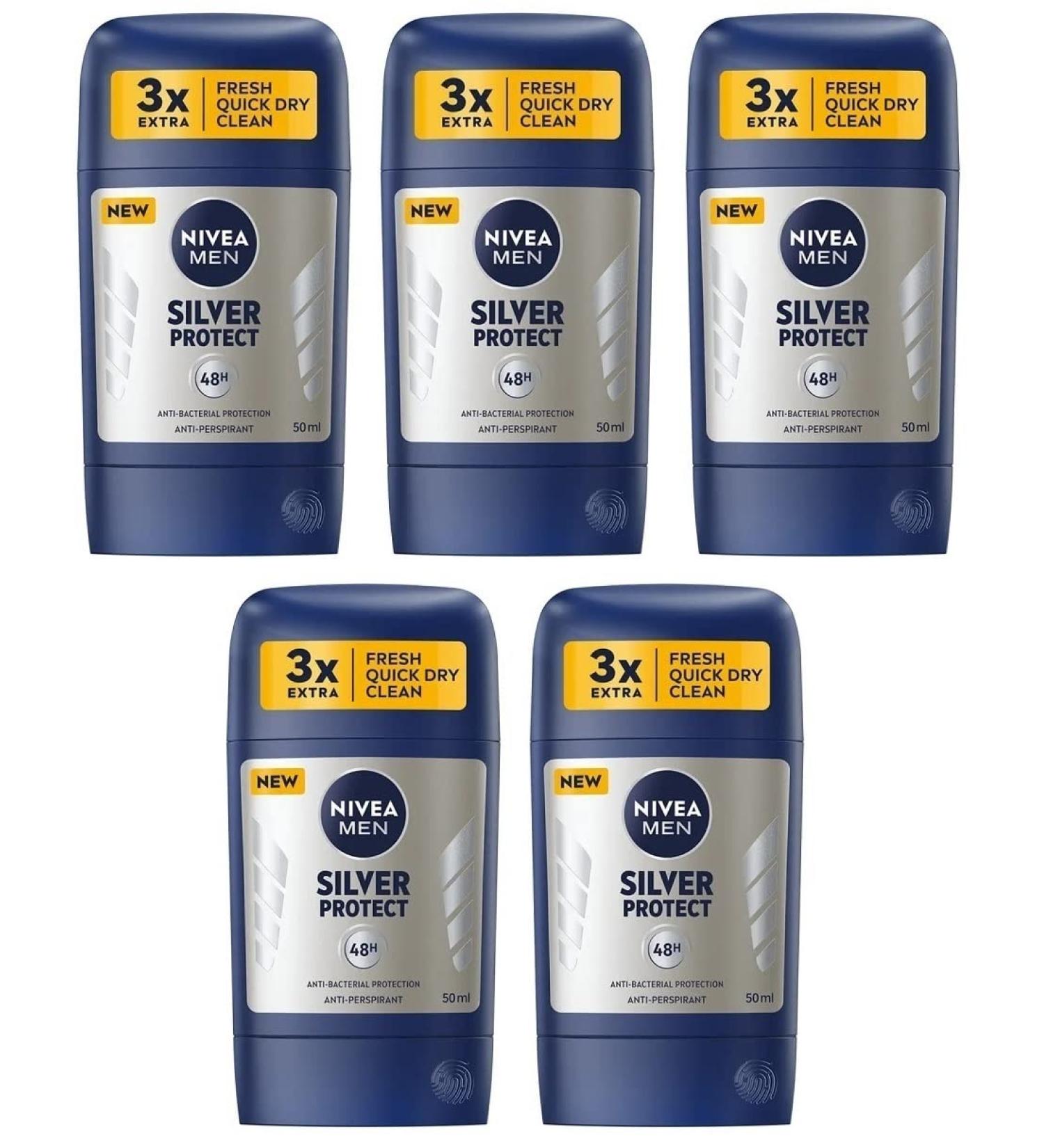 5x Nivea Silver Protect Anti-perspirant Deodorant Solid Stick for Men 5x50ml (Pack of 5)