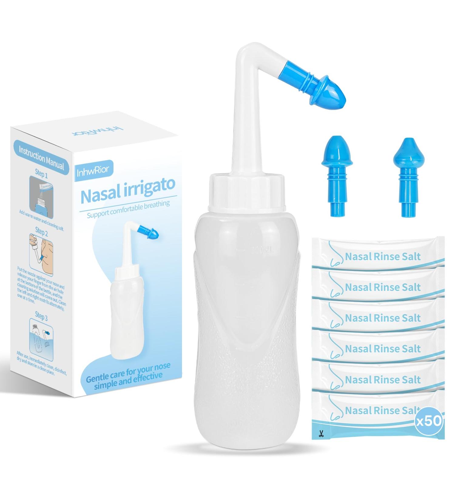 InhwRior Nasal Irrigation Bottle 300ml Manual Sinus Rinse Kit with 50 Packs Powder (2.7g/300ml) 2 Nozzles Easy to Use Gentle and No Burning - Buy Online on GoSupps.com