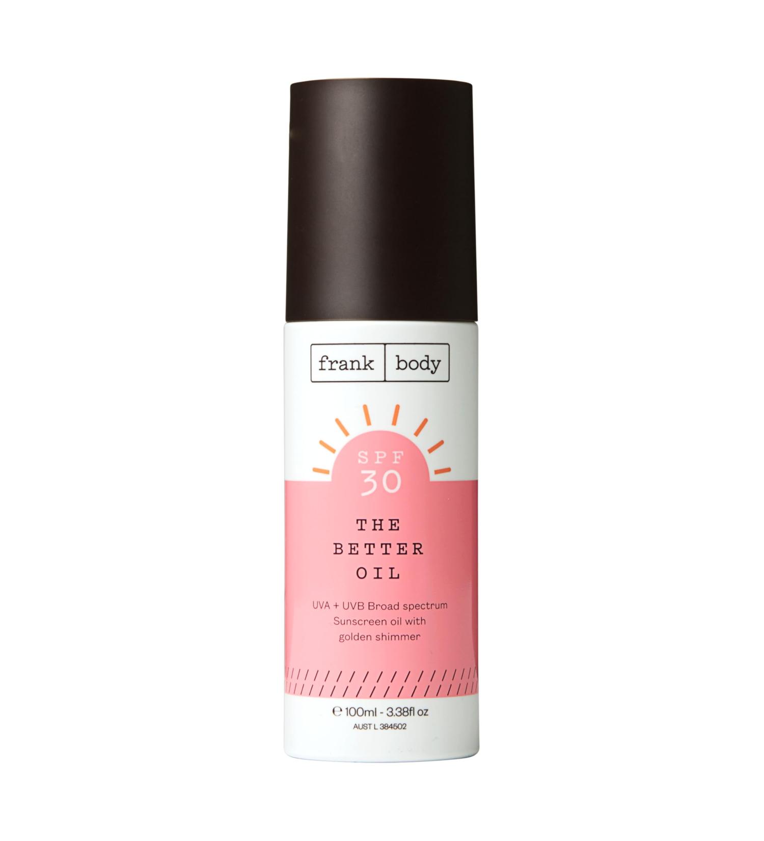 Frank Body SPF30 The Better Oil | Vegan & Cruelty-Free Nourishing Body Oil with Gold Shimmer | Jojoba & Almond Oil for Natural Glow (3.38 fl oz - Buy Online on GoSupps.com