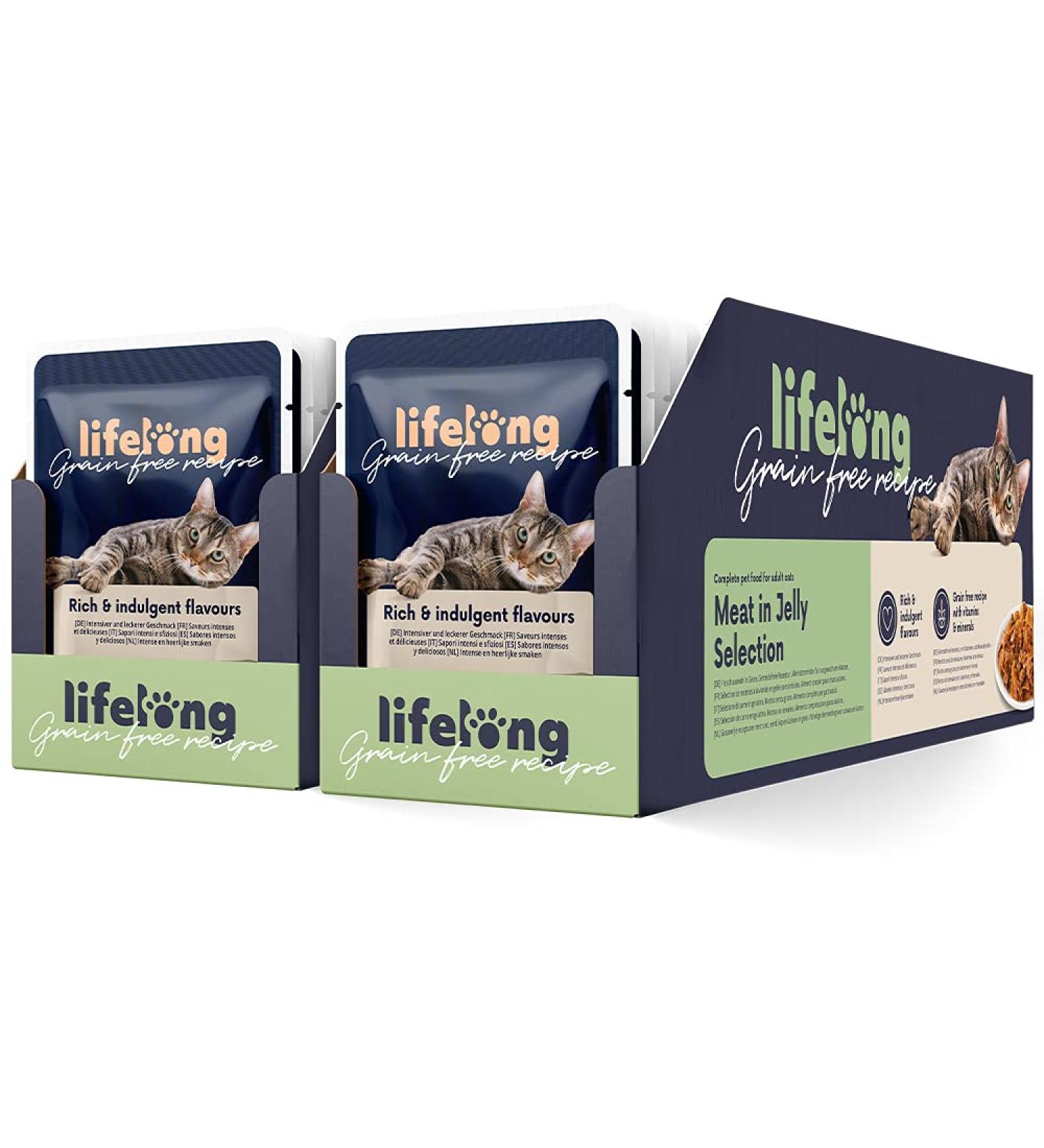 Amazon Brand Lifelong Grain-Free Wet Food for Adult Cats - Meat Selection in Jelly 4.76 kg (56 x 85g Packs) - Healthy & Nutritious Cat Food - Buy Online on GoSupps.com
