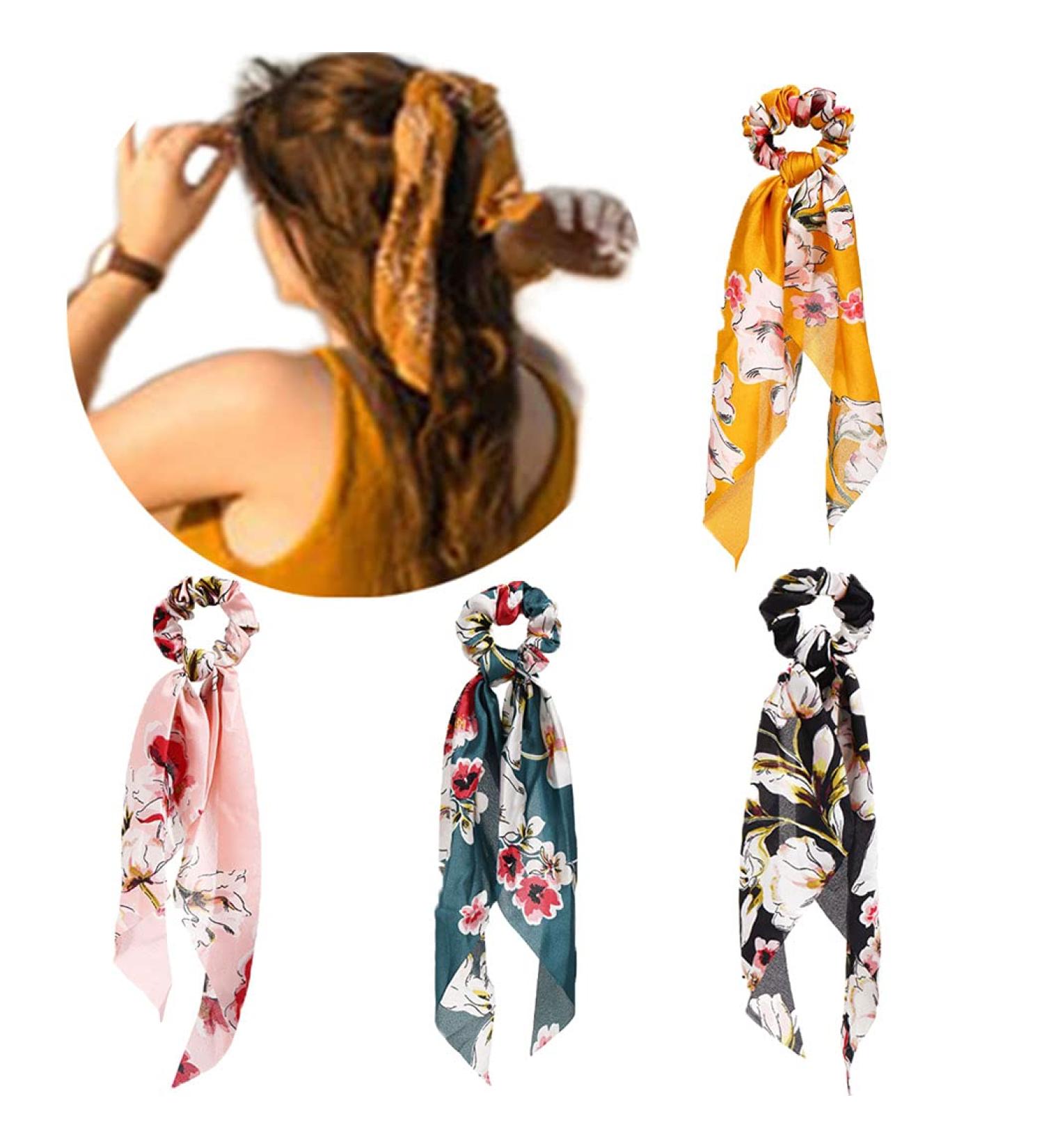 Aksod Floral Silk Scarf Scrunchy Ribbon Hair Scrunchies - Pack of 4 | Vintage Headband Ponytail Holders for Women and Girls - Buy Online on GoSupps.com