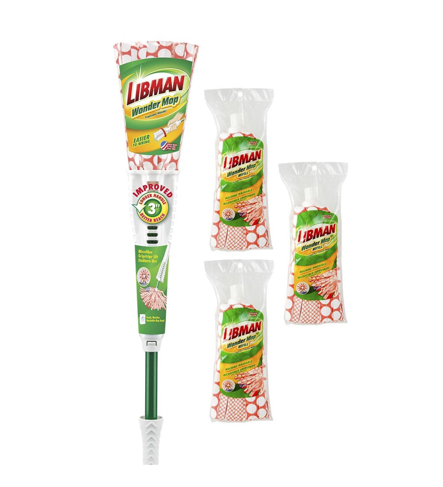 Libman Wonder Mop & Refills Kit - Long Handled Wet Mop for Hardwood, Tile & Laminate - Easy to Wring - Includes 3 Replacement Heads - Machine Washable - 62 Inch - Buy Online on GoSupps.com