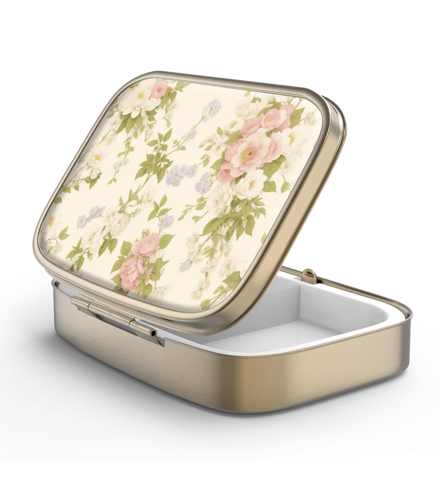 Retro Dual Compartment Pill Box with Mirror - Vintage Floral Bronze Pill Organizer for Vitamins & Supplements - Buy Online on GoSupps.com