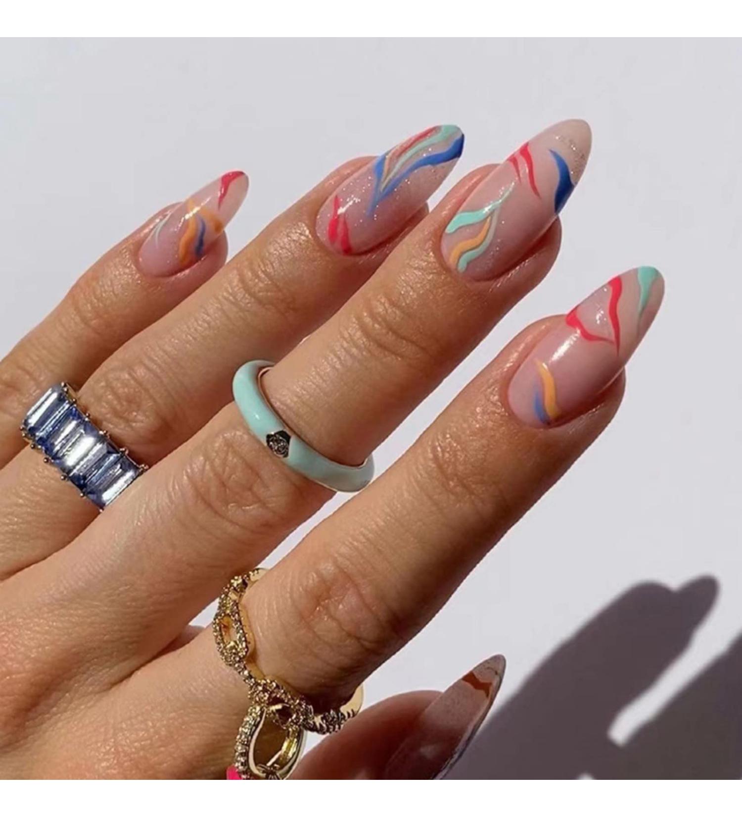 JUSTOTRY 24 Pcs Flame Rainbow Oval False Nails - Short Multi Colour French Press on Nails with Nail Glue - Almond Stick on Nails for Women - Iridescent Fake Nails for Nail Art - Buy Online on GoSupps.com