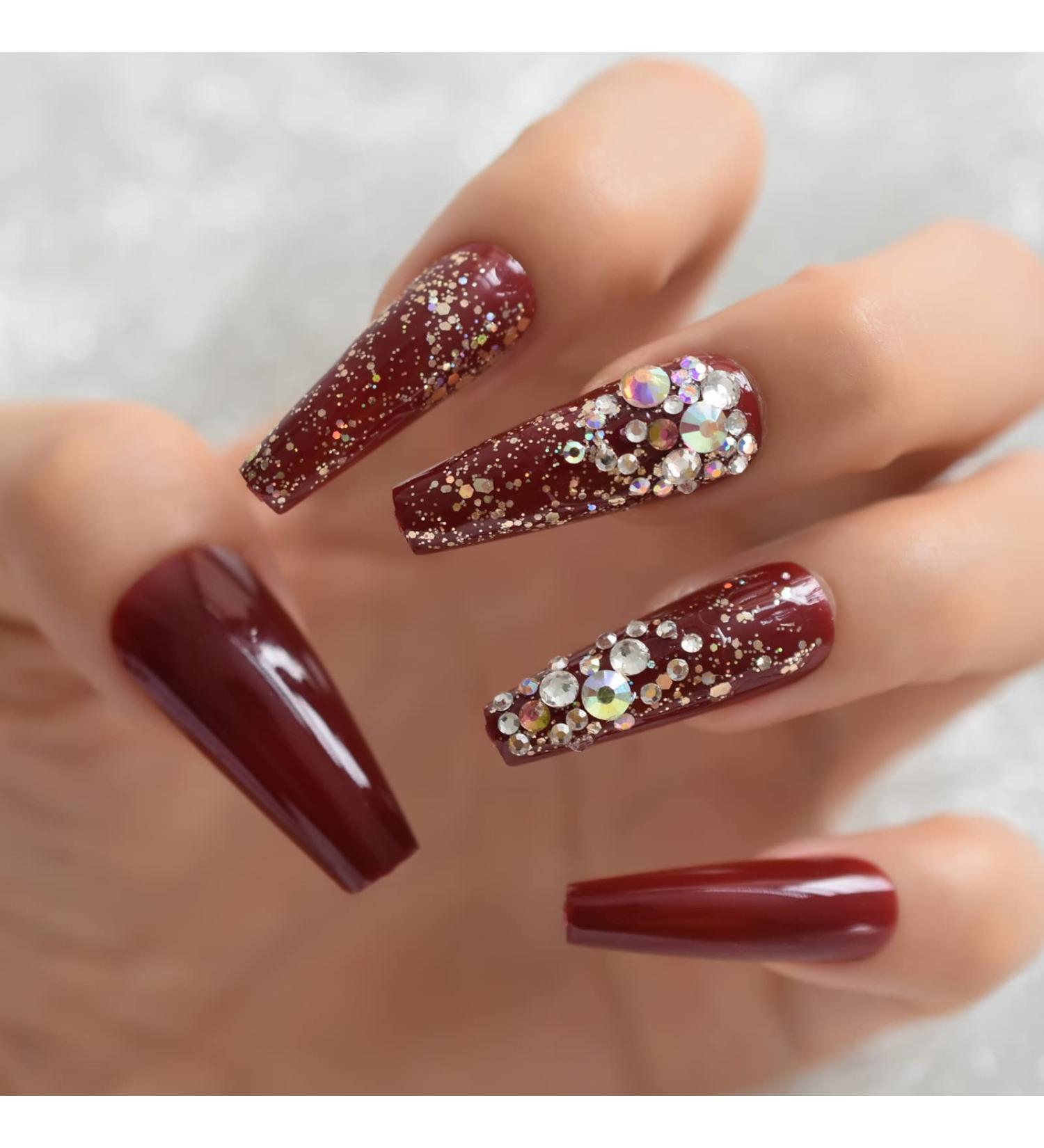 Shop Burgundrot Glitter Sequin Press-On Nails with Tiny Diamond Gems - 24-Piece Full Cover Long Coffin Art Kit - Buy Online on GoSupps.com