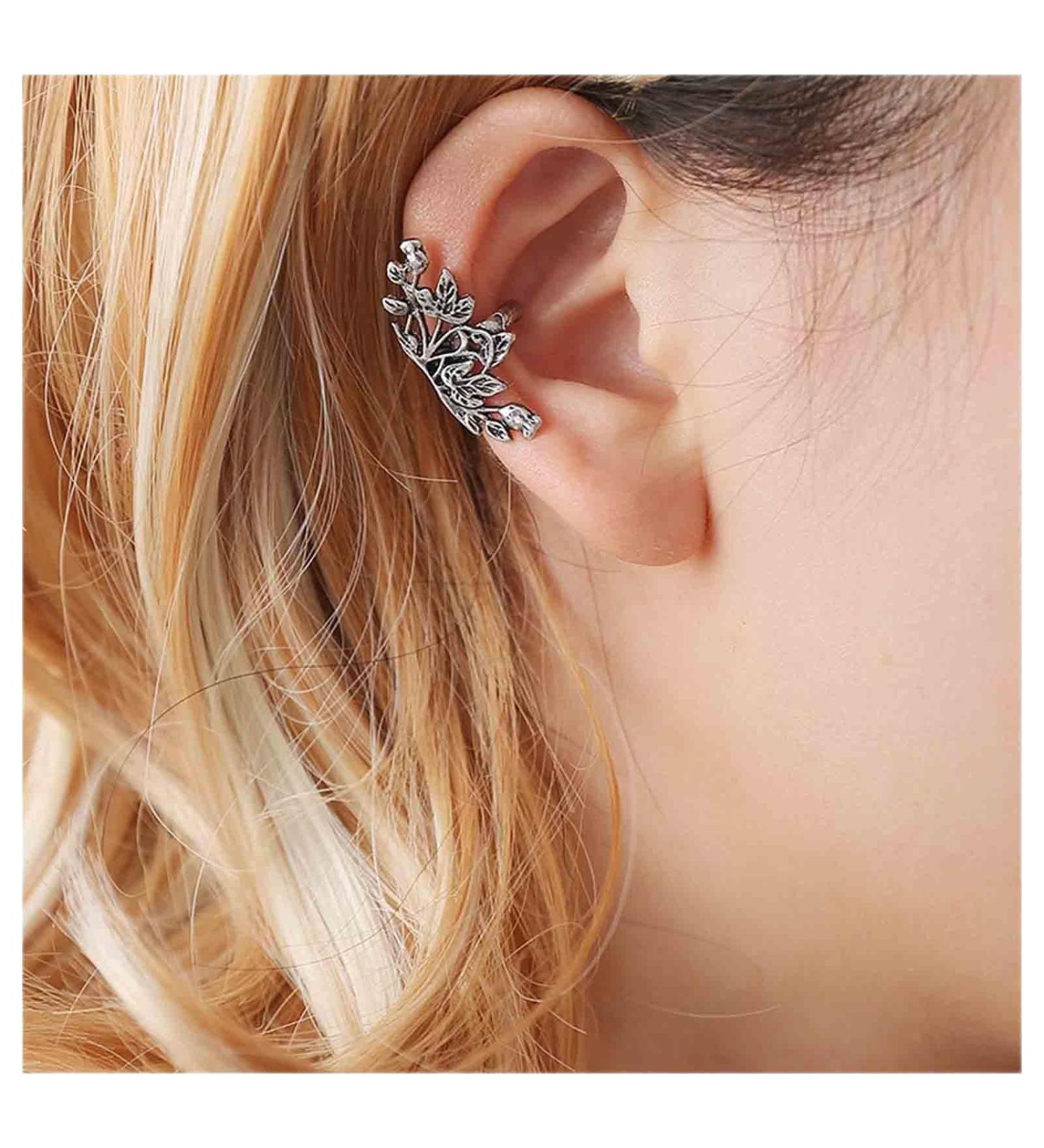 Boho Leaf Earcuff Earrings - Silver Leaf No Piercing Ear Cuffs for Women & Girls | Simple Helix Cartilage Crawler Jewelry - Buy Online on GoSupps.com