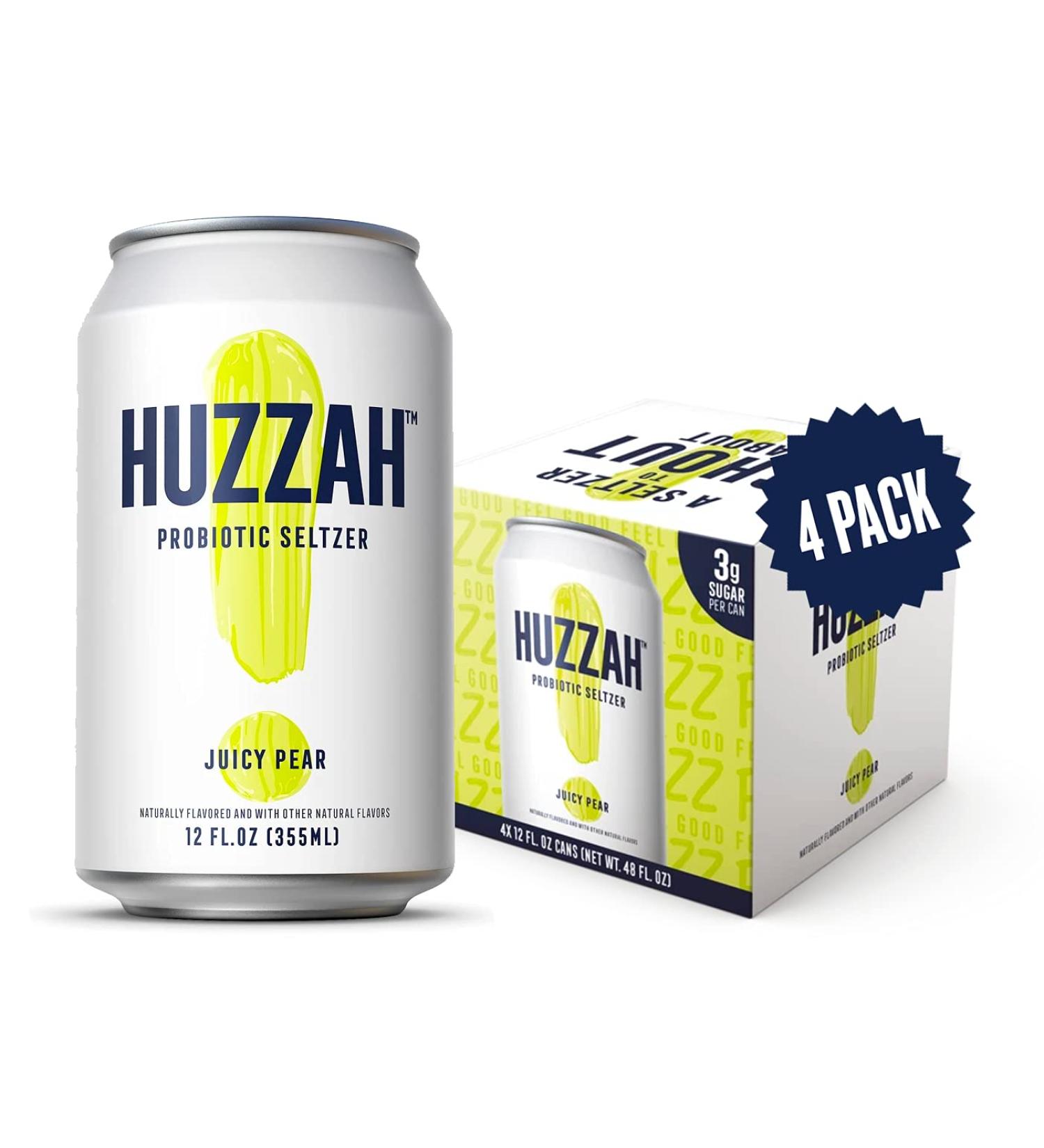 HUZZAH Juicy Pear Probiotic Seltzer Water - 4 Pack, Vegan & Gluten Free, Low Cal & Sugar - 12 Fl Oz Cans - Buy Online on GoSupps.com