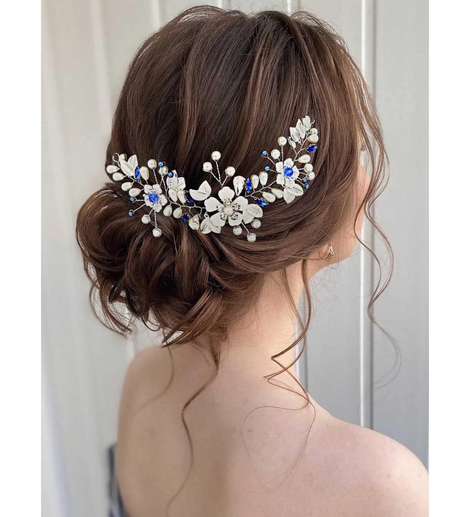 IYOU Pearl Wedding Hair Vine Blue Flower Hair Accessories Crystal Headband Prom Bridesmaid Bride Hair Piece for Women - Buy Online on GoSupps.com