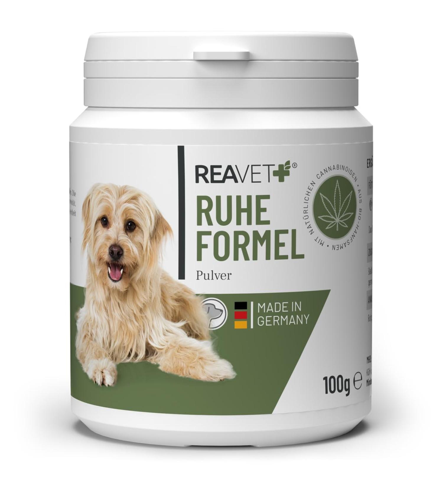Reavet Ruheformel for Dogs - Natural Calming Supplement with Valerian Lemon & Organic Hemp Seed | 100g for Relaxed Balanced Dog Life | Help with Anxiety Excitation & Travel Stress - Buy Online on GoSupps.com
