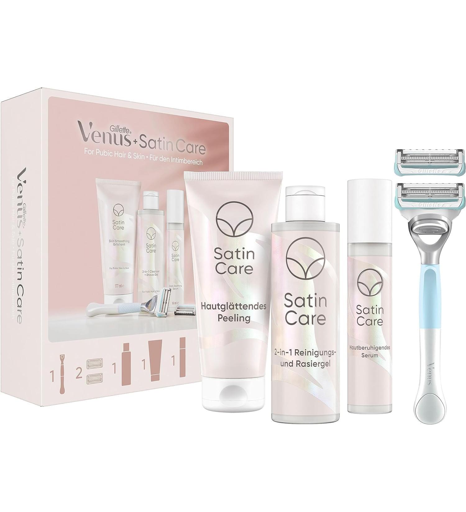 Shop Gillette Venus Satin Care Women's Razor Gift Set | Intimate Area Shaving with Gel & Blades | Premium Cosmetic Bag Included - Buy Online on GoSupps.com