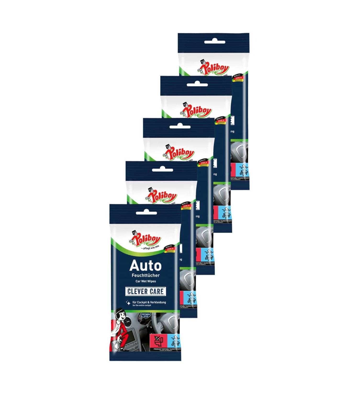 Poliboy - dust champion car wet wipes - Perfect for the thorough cleaning of the interior - 5 -pack - 5x20 pieces - Made in Germany Auto 5 Pack