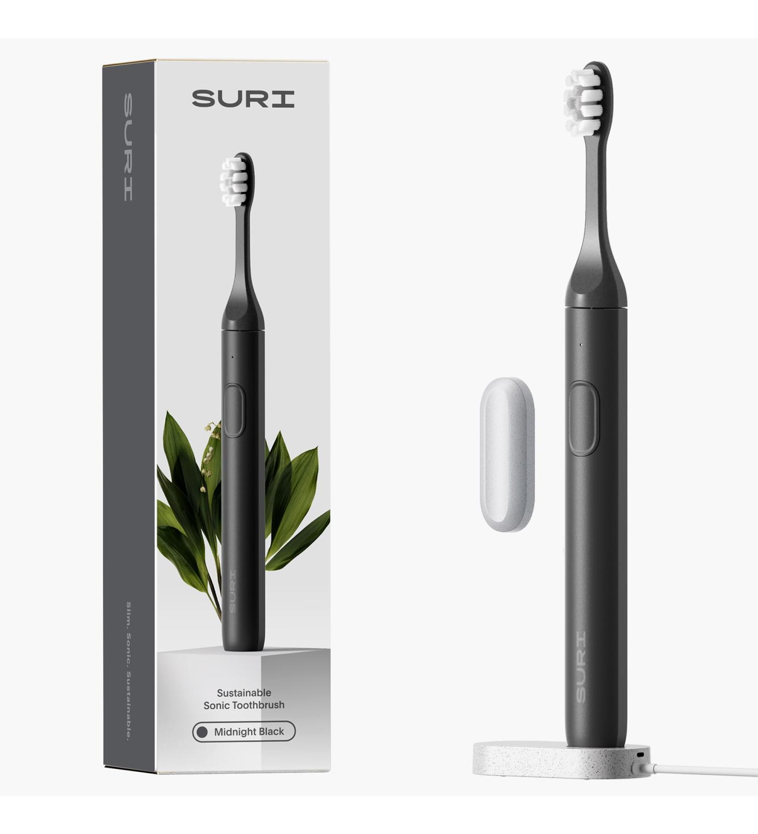 SURI Sustainable Sonic Toothbrush - Eco-Friendly Electric Toothbrush with Recyclable Plant-Based Head - 2 Modes, Waterproof, USB Charging - Midnight Black - Buy Online on GoSupps.com