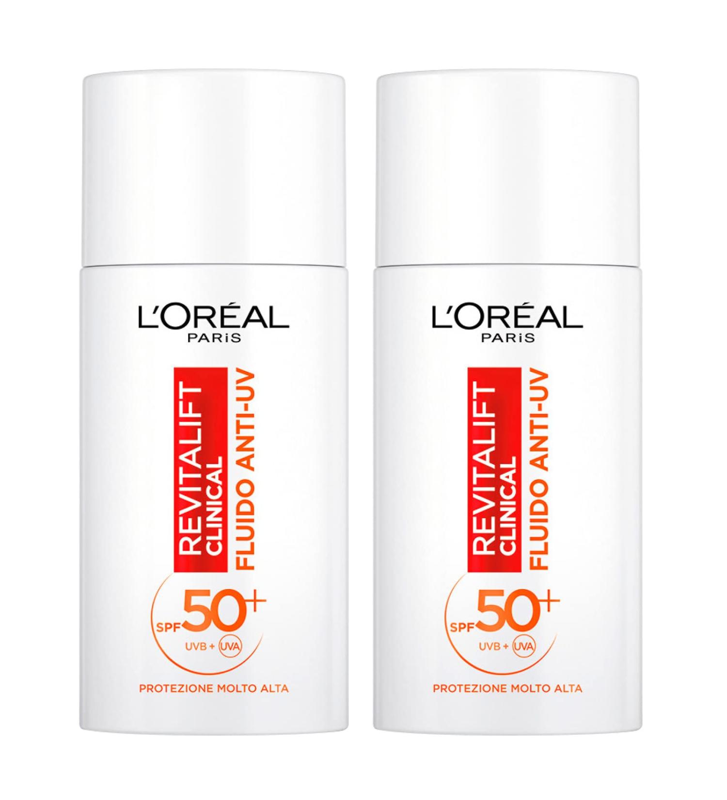 L'Or al Paris LOr al Paris Revitalift Clinical AntiUV facial fluid SPF 50+ Sun protection with Netlock technology Formula with vitamin C Antioxidant and antiaging action Ultralight 2 Bottles of 50 ml 2x SPF 50 protection - Buy Online on GoSupps.com