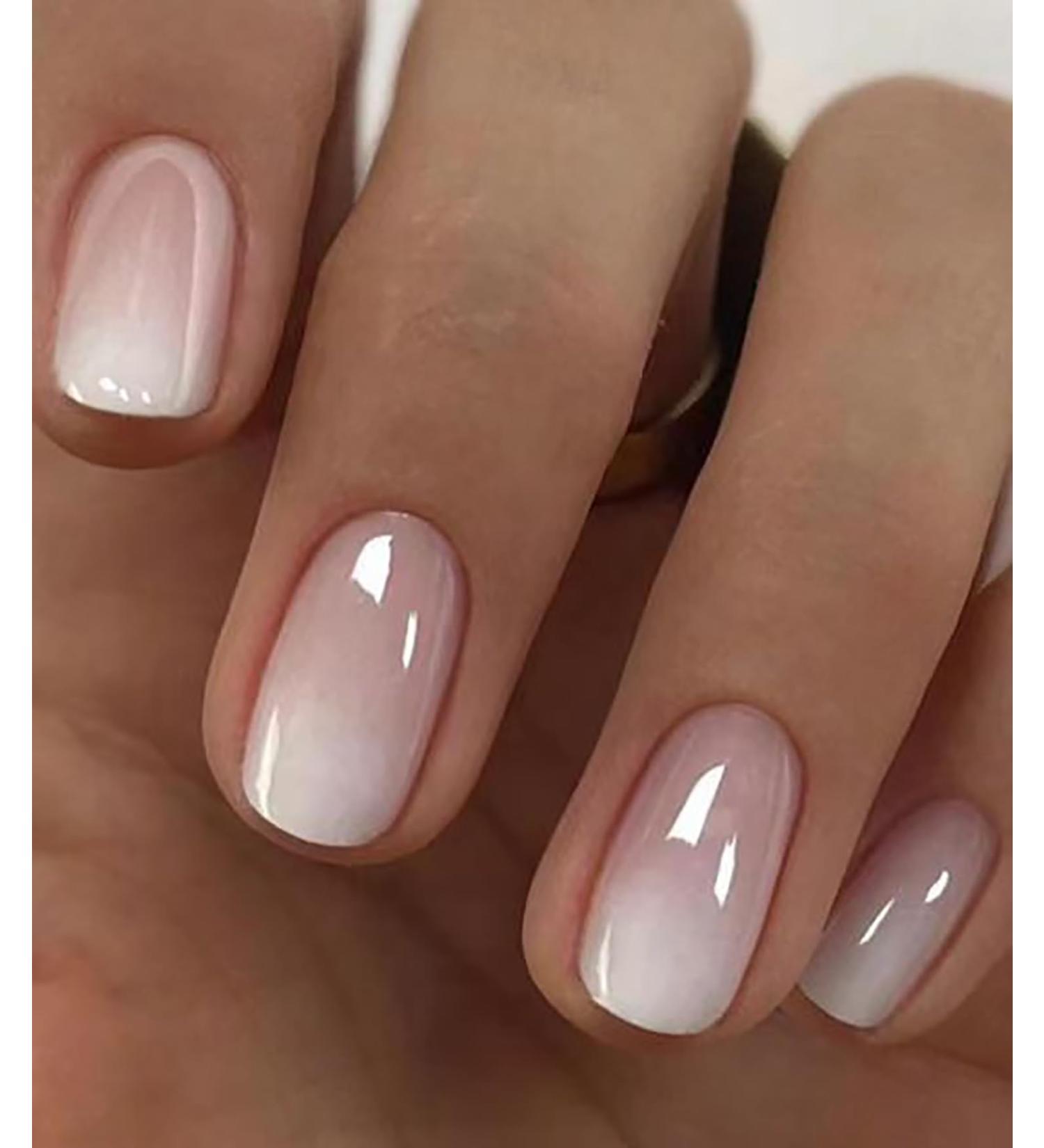 Gradient Short Press on Nails - Square Chrome False Nails for Women | Glossy Reusable French Acrylic Full Cover Stick-On Nails - Buy Online on GoSupps.com