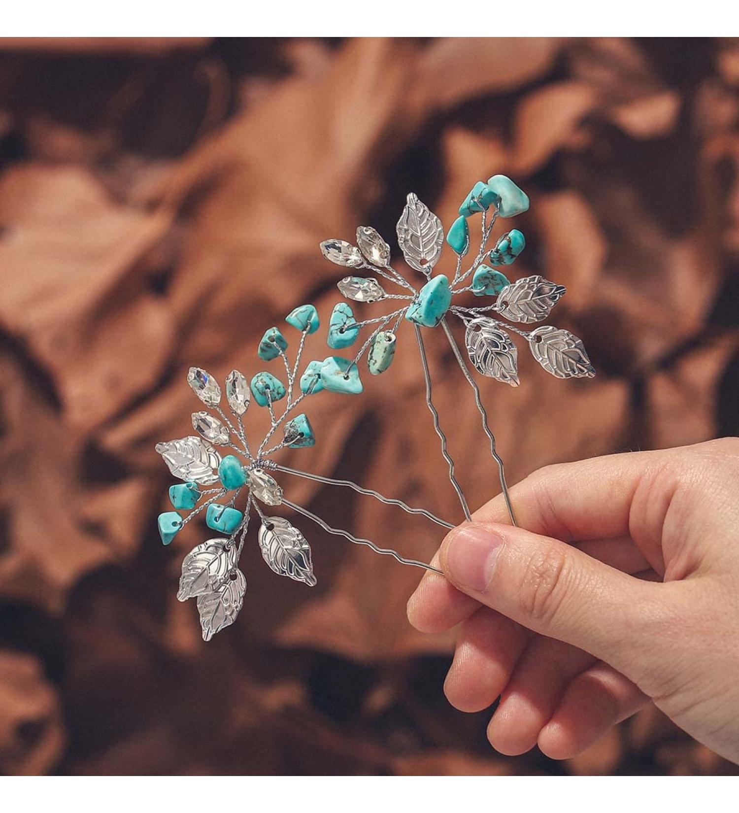 Turquoise Wedding Hair Pins - Silver Leaf Headpiece for Women and Girls (Pack of 2) - Buy Online on GoSupps.com