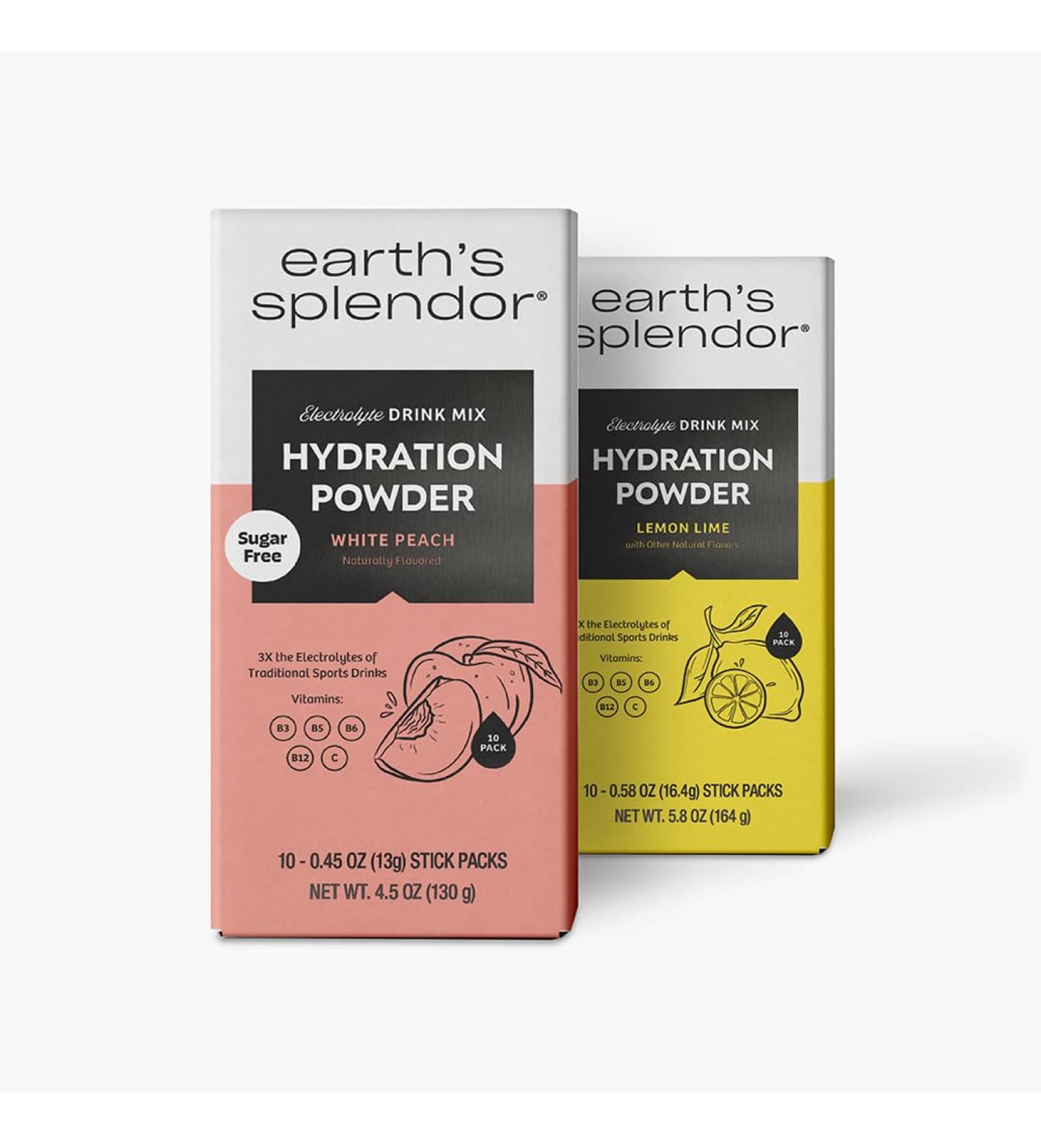 Earth's Splendor Hydration Powder Bundle | Lemon Lime & Sugar-Free White Peach | 20 Single-Serving Electrolyte Sticks | Fast Hydration & Electrolyte Support - Buy Online on GoSupps.com