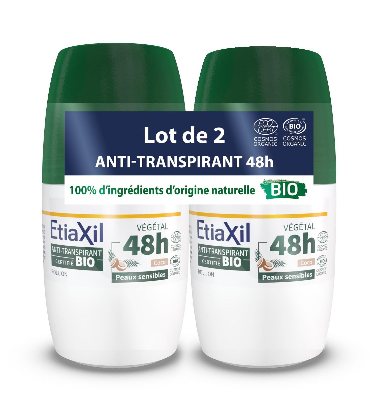 ETIAXIL - Plant-Based Antiperspirant Deodorant - Moderate Perspiration - Certified Organic - Armpits - 48h - Coconut Scent - Roll On - 50 ml - Pack of 2 - Buy Online on GoSupps.com