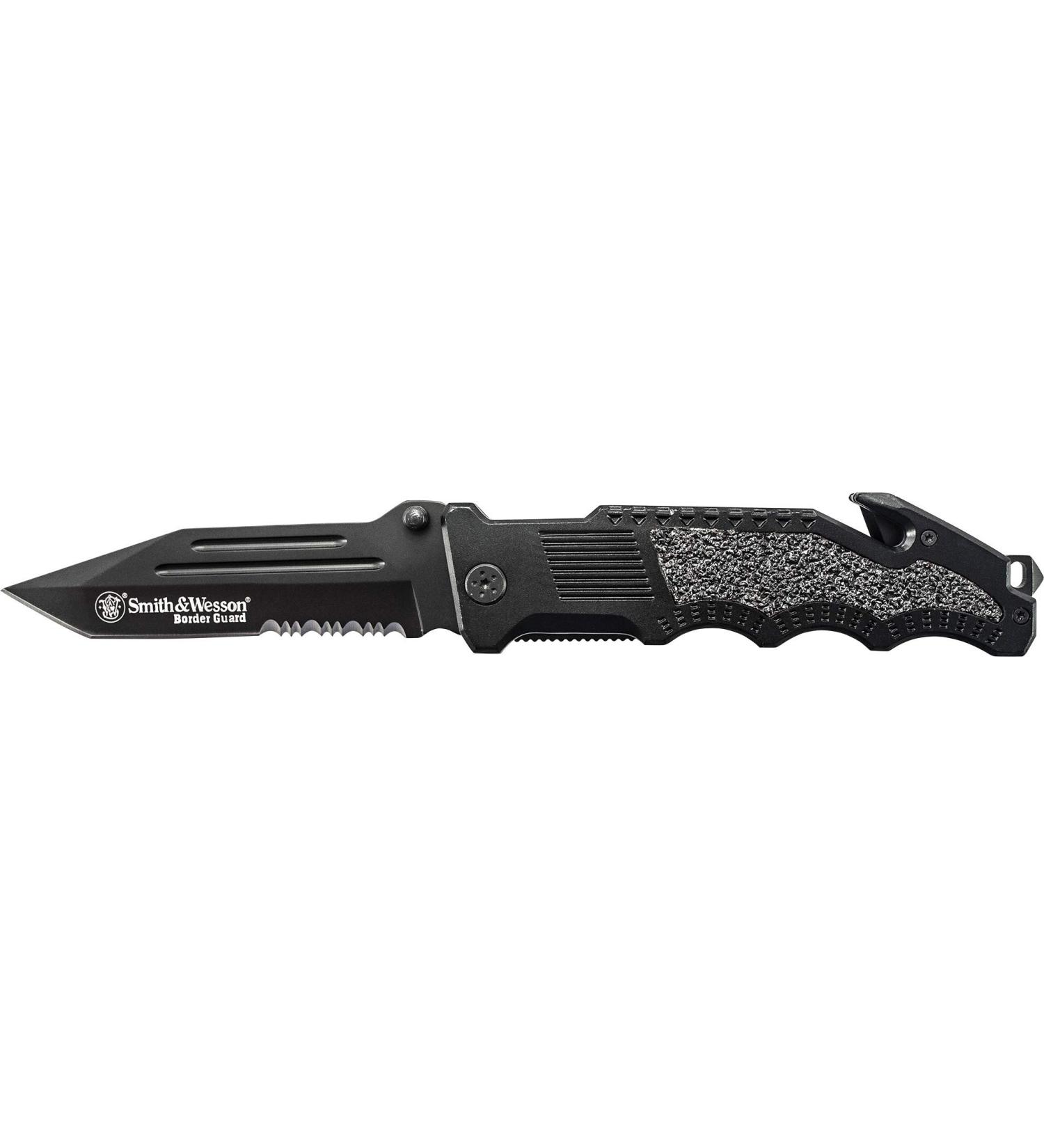 Smith & Wesson Border Guard 10in Folding Knife - High Carbon S.S. Tanto Blade, Aluminum Handle, Partially Serrated Edge - Tactical Survival & EDC - Buy Online on GoSupps.com