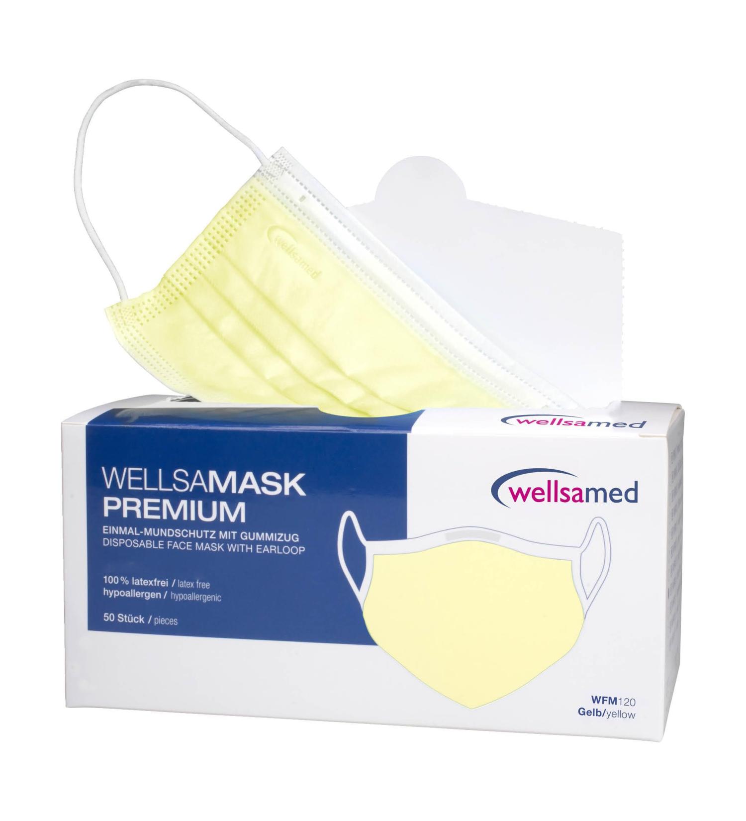 Wellsamed Wellsamask Type IIR Medical Face Masks - 50 Pack Yellow Elastic Band - High Protection for International Shipping - Buy Online on GoSupps.com