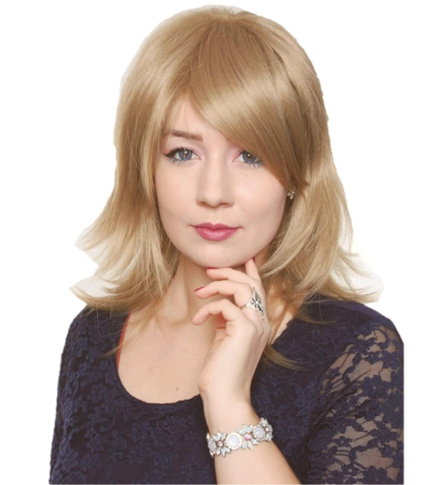 Prettyland C340 Medium Length Wig - Silky Straight Layered Cut with Slanted Bangs in Brown & Dark Blonde - International Shipping Available - Buy Online on GoSupps.com