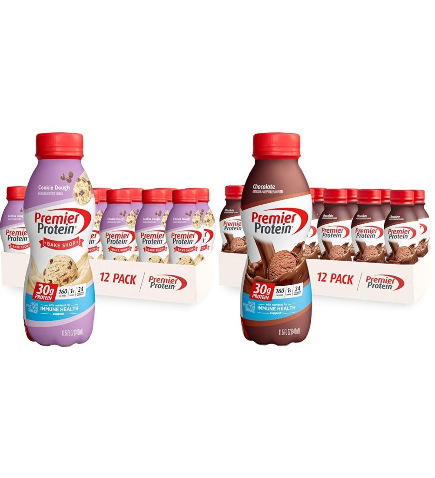 Premier Protein Shake Cookie Dough & Chocolate 30g Protein 11.5 Fl Oz (12 Pack) 1g Sugar - Buy Online on GoSupps.com