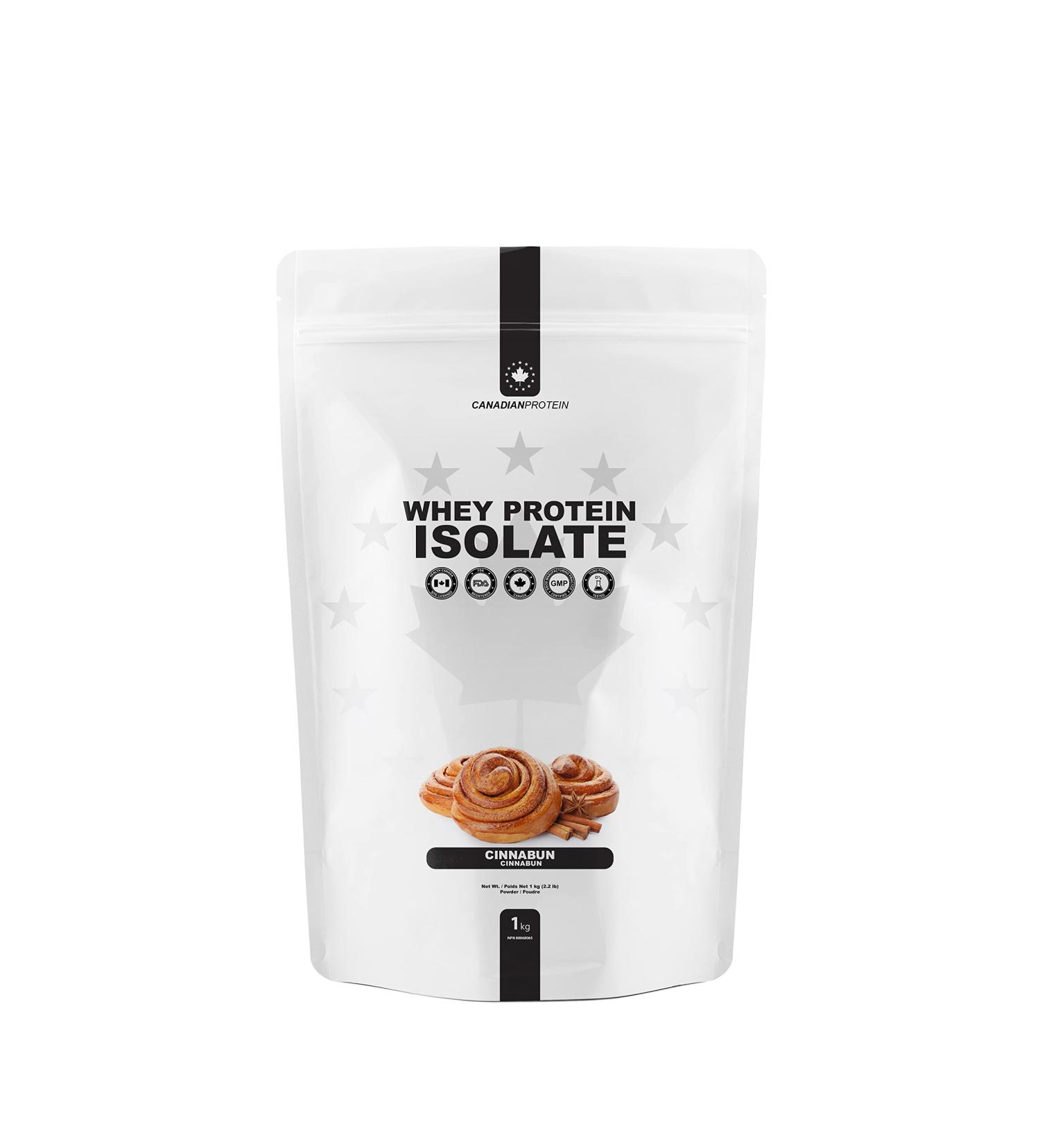 Canadian Protein 100% Whey Isolate 27g of Protein | 1 kg of Cinnabun Flavoured Low Carb Keto Friendly Workout Recovery Drink | Protein Powder Rich in BCAA Amino Acids - Buy Online on GoSupps.com