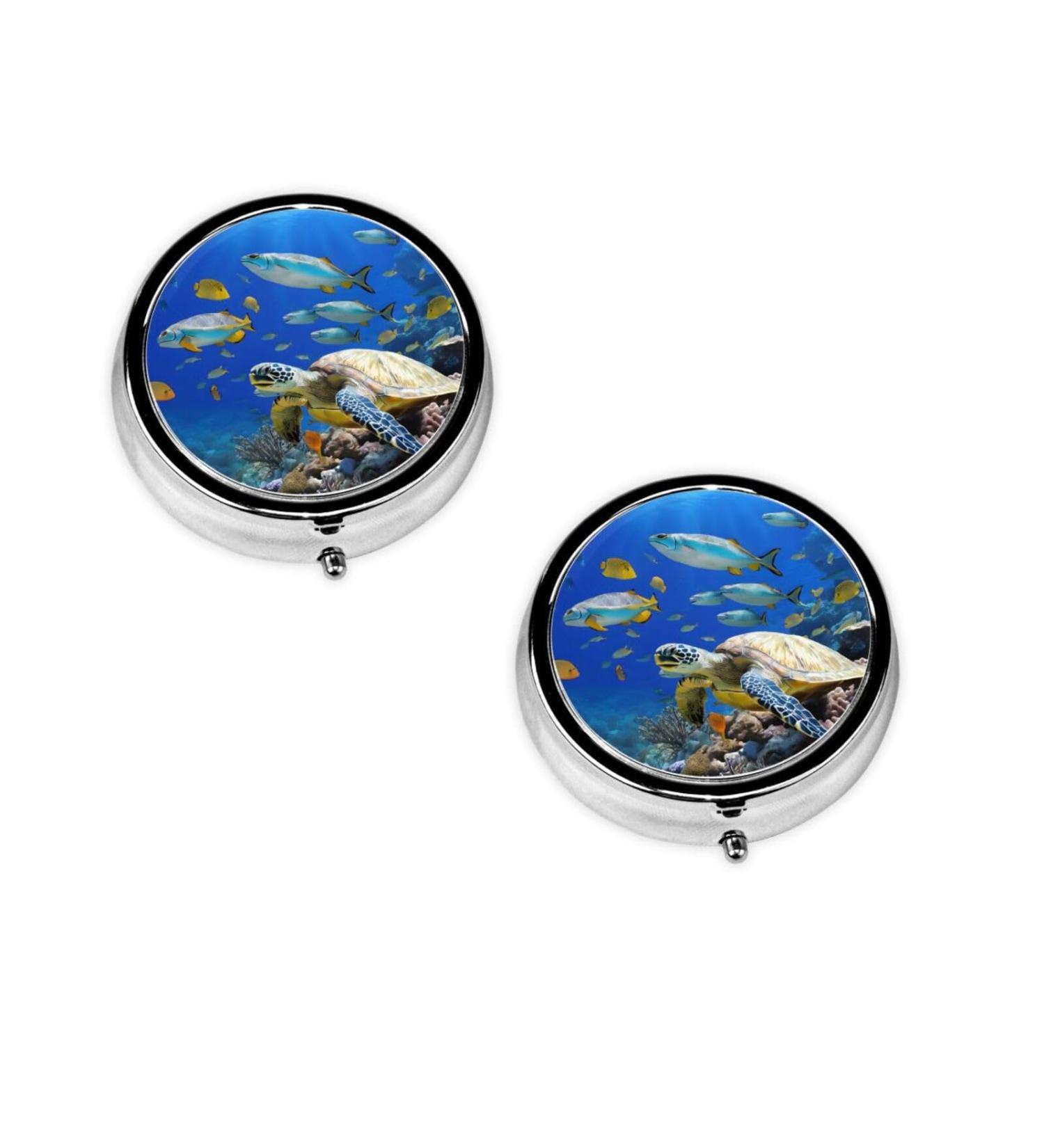 Sea Turtle & Fishes Mini Round Pill Box | 3 Compartment Travel Organizer | Portable Medicine Case for Home & Office Use - Buy Online on GoSupps.com