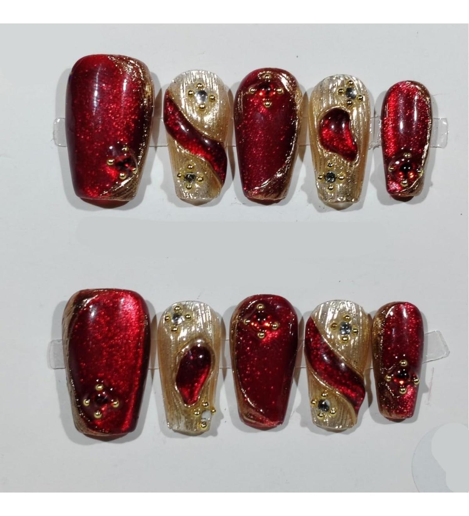 Handmade Nail Art New Red Cat Eye New Year Long Fake Nails Reusable Nails Tips Full Cover Glitter (Size : S) - Buy Online on GoSupps.com