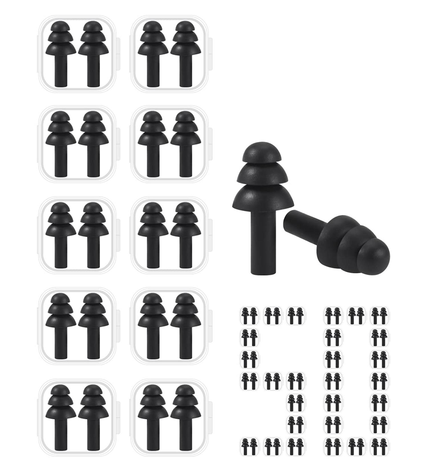 50 Pairs Reusable Silicone Ear Plugs - Waterproof Hypoallergenic - Ultra Comfortable Noise Reduction Earplugs for Swimming Concerts Snoring Loud Noise NRR 26dB with Carry Case (Black)