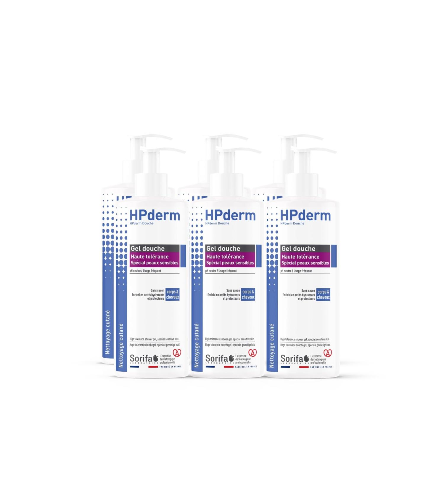 Sorifa Laboratory 6 pieces HPderm shower gel high color power 2in1 body and hair especially for sensitive skin tattoos weakened hair frequent use pH neutral without soap pump 500 ml - Buy Online on GoSupps.com