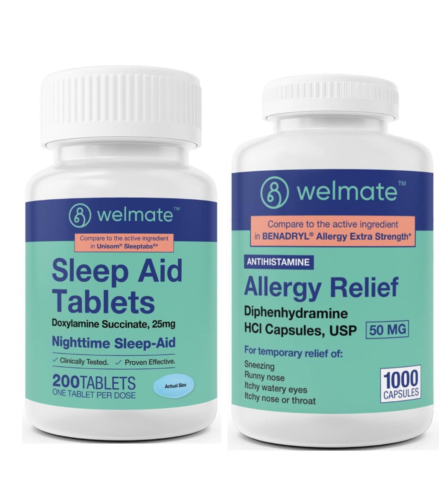 WELMATE Allergy & Sleep Support Bundle | Diphenhydramine 50mg + Doxylamine 25mg | Antihistamine & Nighttime Aid | 1000 + 200 Tablets