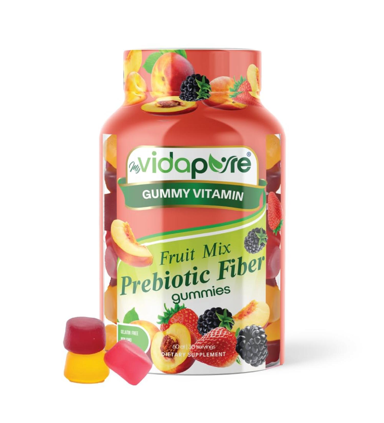 MYVIDAPURE Fruit Mix Prebiotic Fiber Gummies - Natural Strawberry, Peaches & BlackBerry Flavor - 60 Gummies (Non-GMO, Gelatin-Free) - Buy Online on GoSupps.com