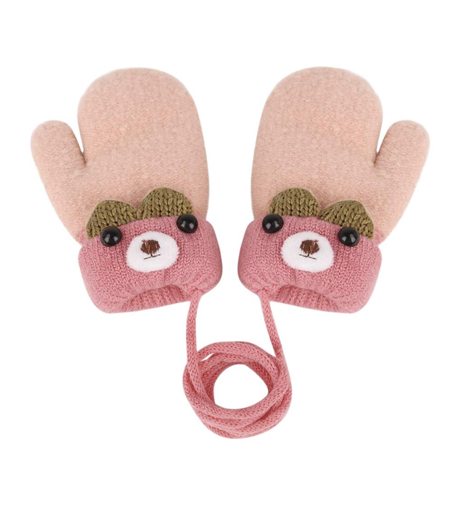 Infant Toddlers Winter Mittens | Cute Cartoon Gloves for Baby Girls Boys 0-3 Years | Dual Layers Plush Padded Knitted Mittens with Anti-Lost String - Pink - Buy Online on GoSupps.com