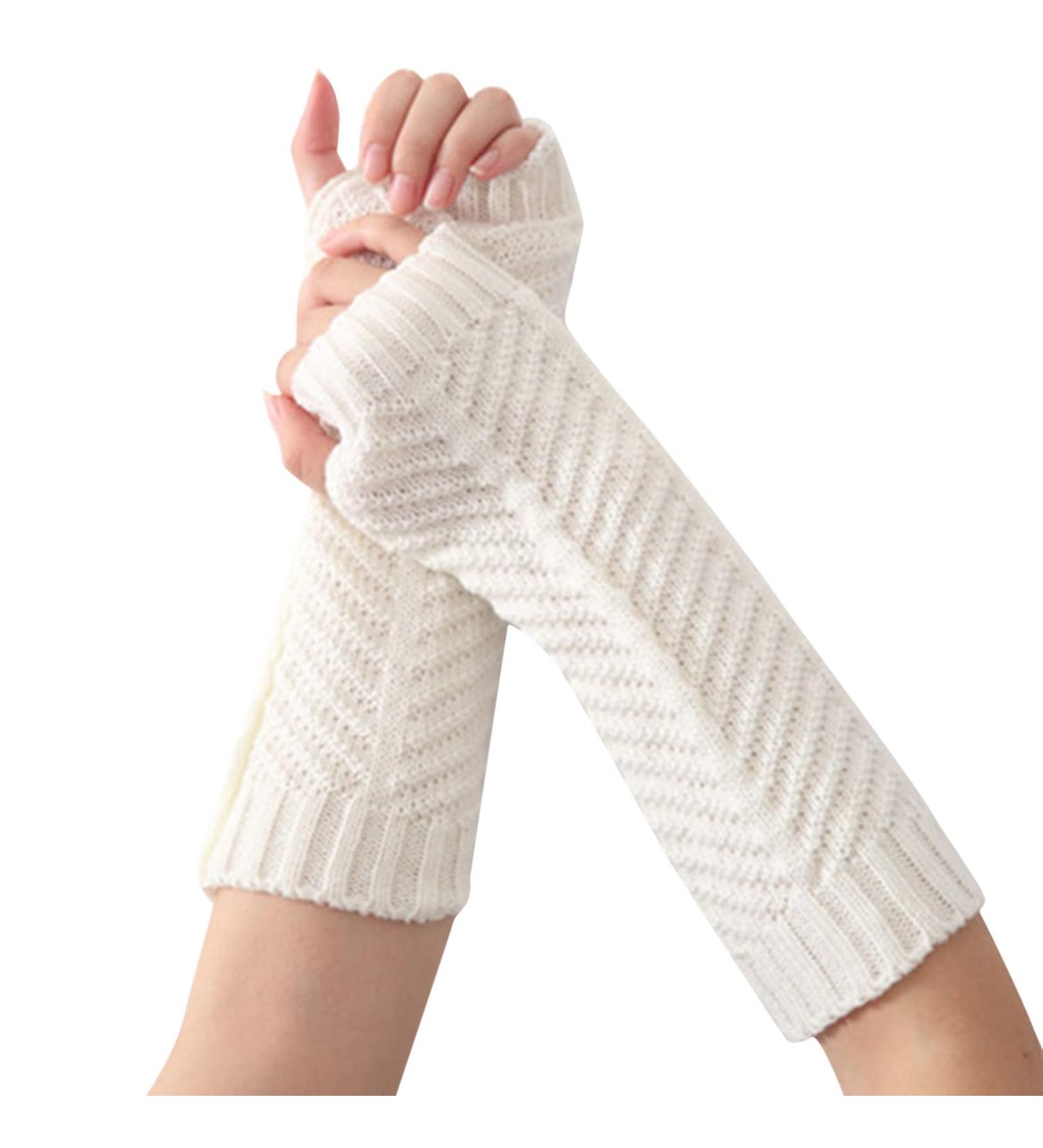 Autumn & Winter Fishbone Warm Gloves | Knitted Wool Fingerless Sleeves for Men & Women | Stylish White - Buy Online on GoSupps.com