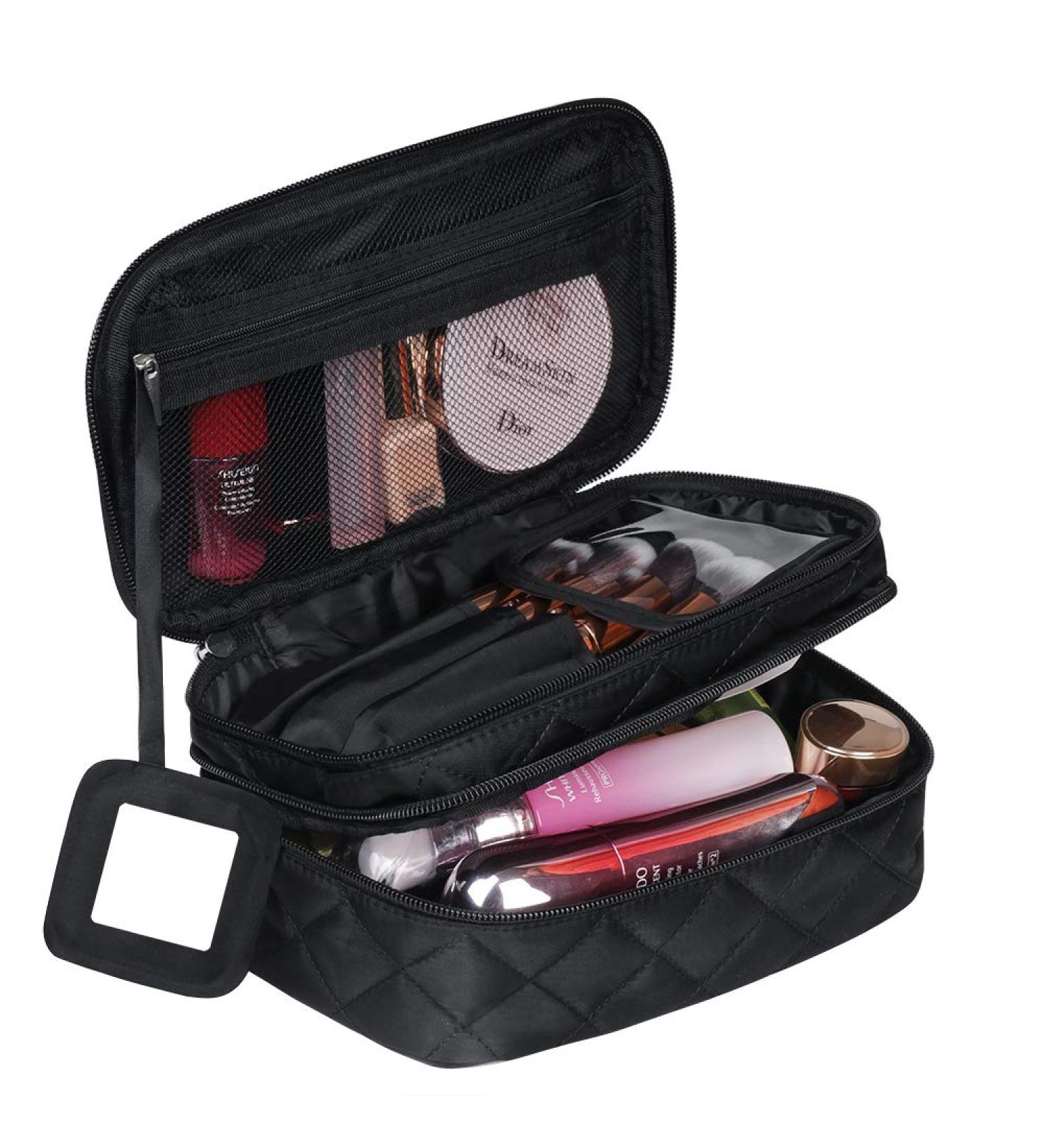 CGBOOM Makeup Bag Organizer - Portable Travel Toiletry Bag for Women - Large Capacity Double Layers with Brush Compartment and Handle - Black Cosmetic Bag for Women - Buy Online on GoSupps.com