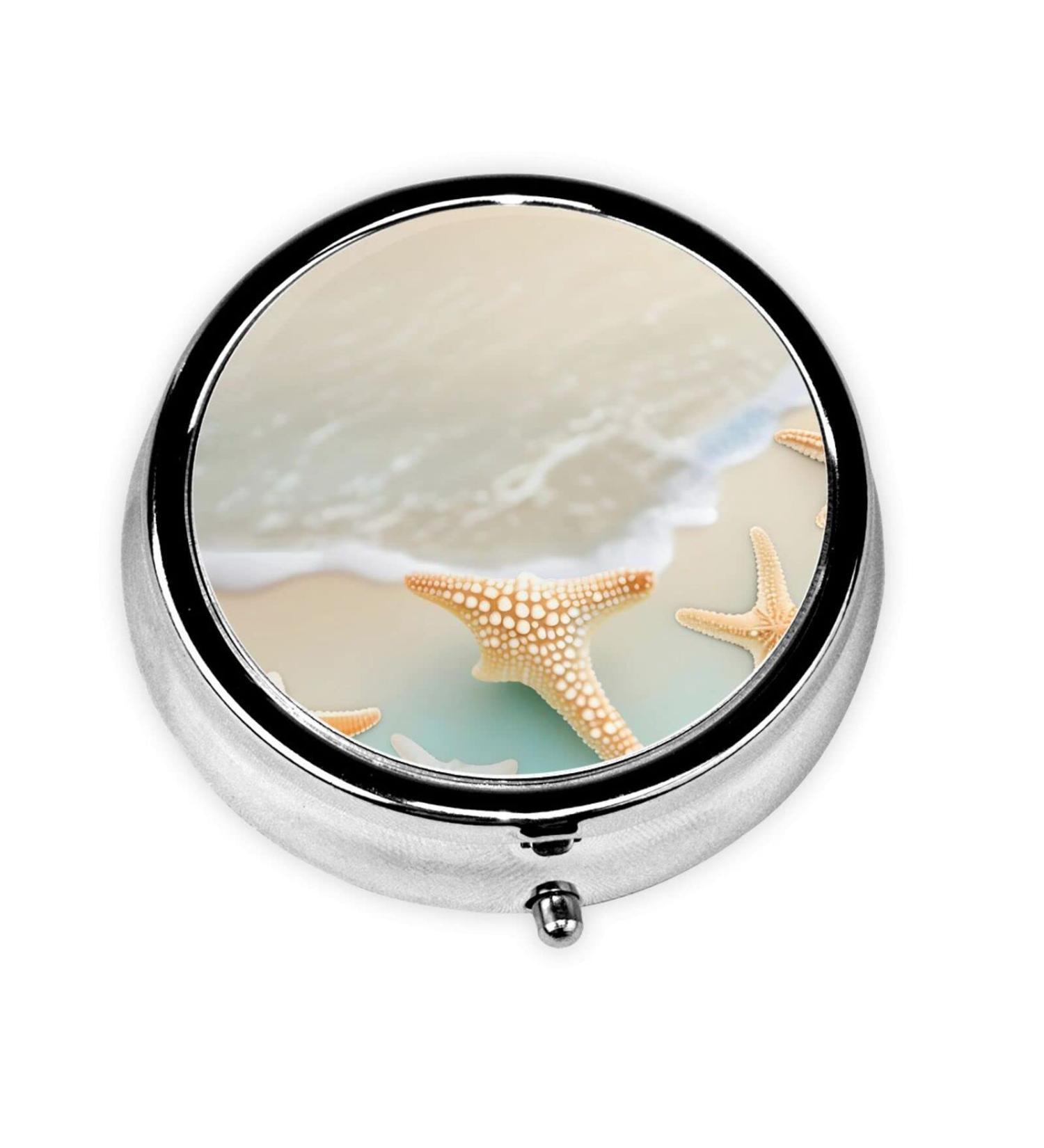 Beach Starfish Round Pill Box - 3 Compartment Organizer for Purse & Pocket | Portable Travel Pill Box - Buy Online on GoSupps.com