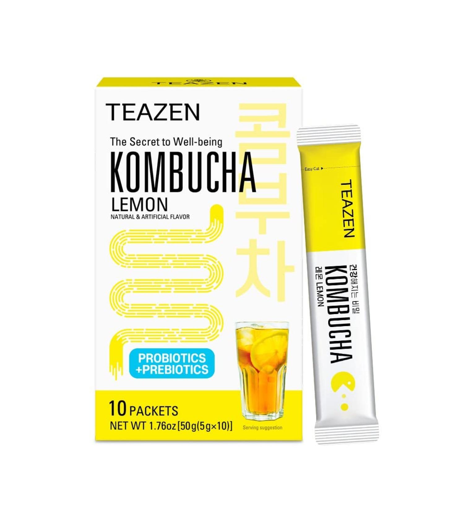 Teazen Kombucha Tea Zero Sugar Sparkling Powdered Mix with Live Probiotics & Prebiotics - 10 Sticks (Lemon) - Buy Online on GoSupps.com