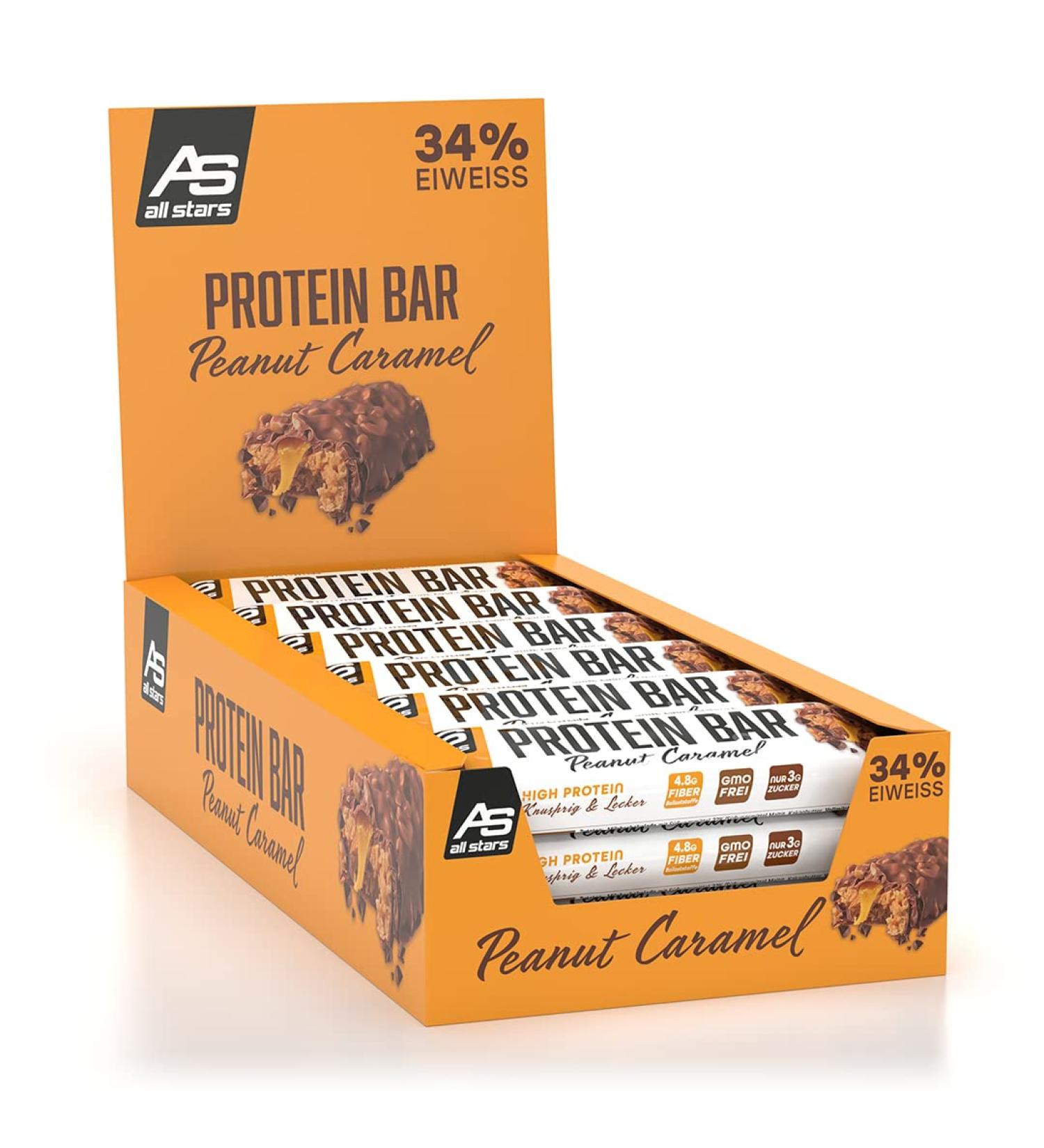 All Stars Protein Bar Peanut Caramel | 18 x 50g | 34% Protein | Chocolate Covered Crispies | Low Sugar & Calories | Buy Now Internationally! - Buy Online on GoSupps.com