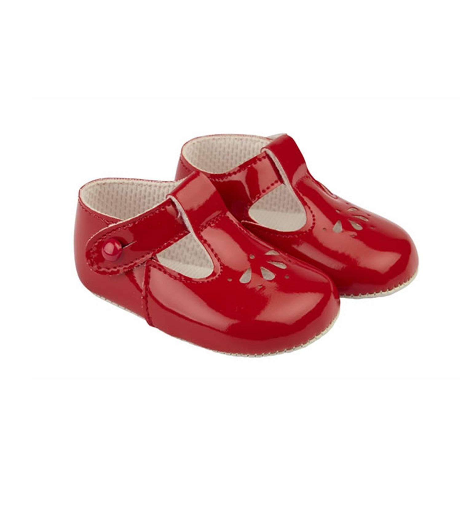 Early Days Baypods B617 T Bar with Petal Punch Pre Walker Baby Shoes Made in The Softest Faux Leather Made in England 1 UK Child Red Patent