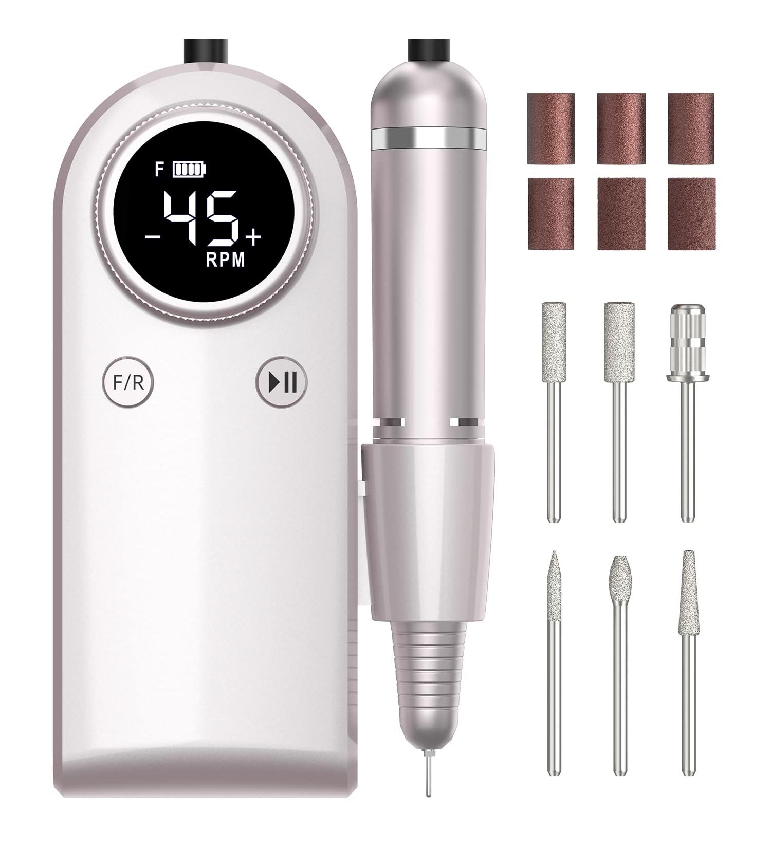 Professional 45000rpm Electric Nail Drill for Acrylic Nails - Portable and Rechargeable Nail File Machine Set for Manicure & Pedicure - Includes Efile Bits, Sanding Bands - Salon Quality at Home - Buy Online on GoSupps.com