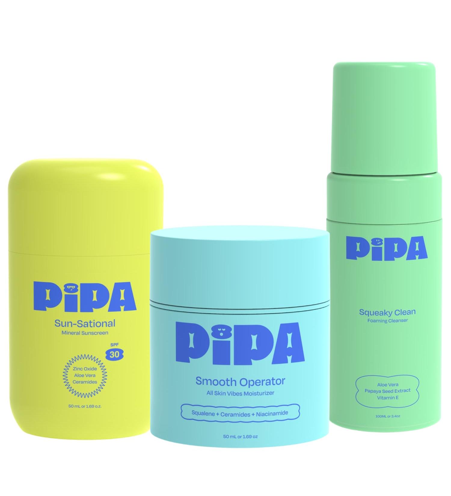 Pipa Skincare Daily 1-2-3 Routine Set - Clean Skin Care Bundle for Kids - Hydrating & Nourishing Tween Skincare Set with Foaming Face Wash, Face Moisturizer, & SPF 30 Mineral Sunscreen - Buy Online on GoSupps.com