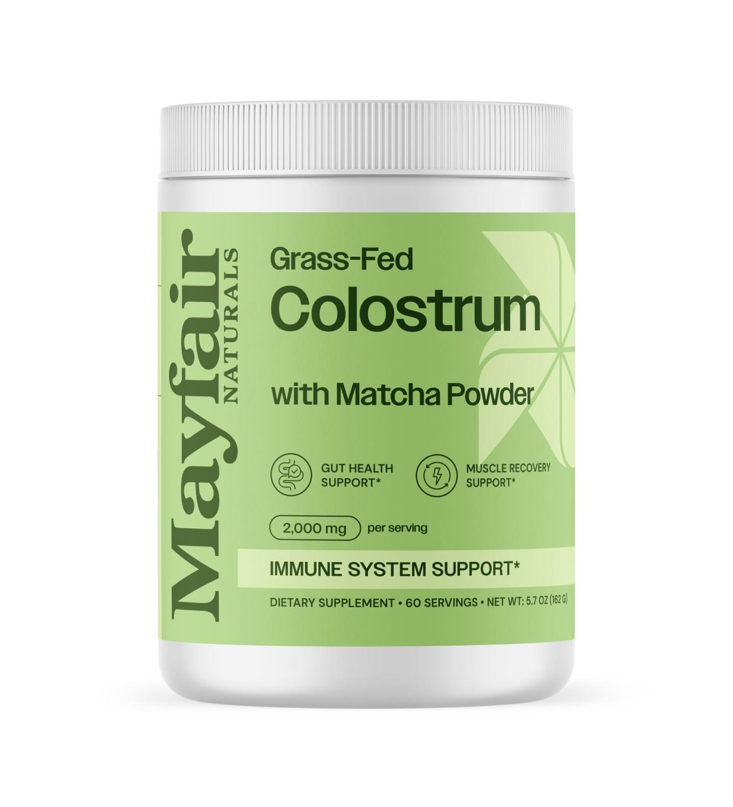 Mayfair Naturals Grass-Fed Bovine Colostrum Supplement with Matcha Green Tea Powder for Kids & Adults Immune System Support Gut Health and Muscle Recovery 60 Servings - Buy Online on GoSupps.com