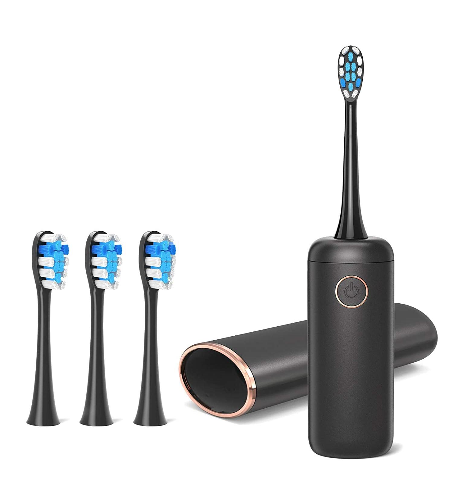 Compact Electric Toothbrush for Adults | 62,000 VPC | 2Hrs Charge | 30 Days Battery | 3 Modes | 4 Heads | Timer | Waterproof | Rechargeable Sonic Toothbrush - Deep Black - Buy Online on GoSupps.com