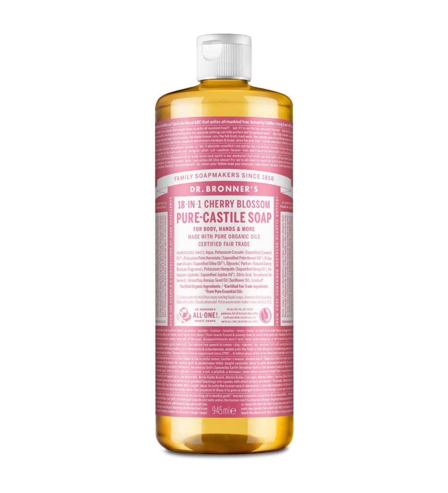 Dr Bronner's Cherry Blossom Pure Castile Liquid Soap Made with Non-GMO Ingredients Used for Face Body Hair Laundry Pets and Dishes Certified Fair Trade & Vegan Friendly 945ml Recycled Bottle Cherry Blosson 945ml