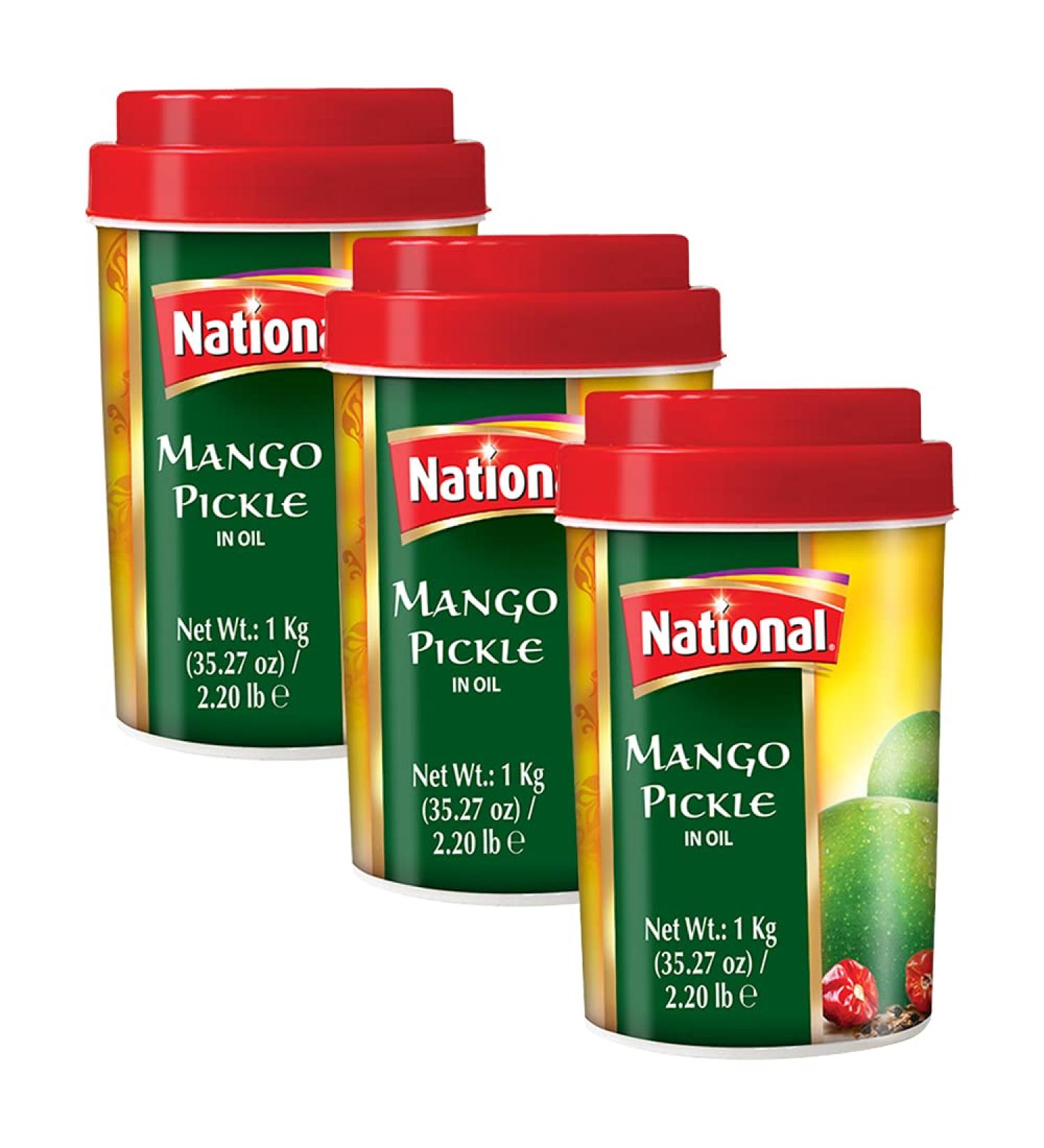 National Foods Mango Pickle 35.27 oz (1000g) Sour & Spicy Traditional South Asian Relish | Zesty & Tangy Aam Ka Achaar | Plastic Jar | Pack of 3 Mango (1000g) 1 kg (Pack of 3) - Buy Online on GoSupps.com