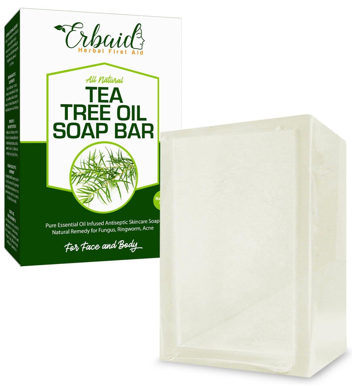 Erbaid Tea Tree Oil Soap Bar 4oz - Antifungal Antiseptic Skincare Cleanser for Face & Body - Natural Remedy with Pure Essential Oil for Acne, Ringworm, and Fungus - Buy Online on GoSupps.com