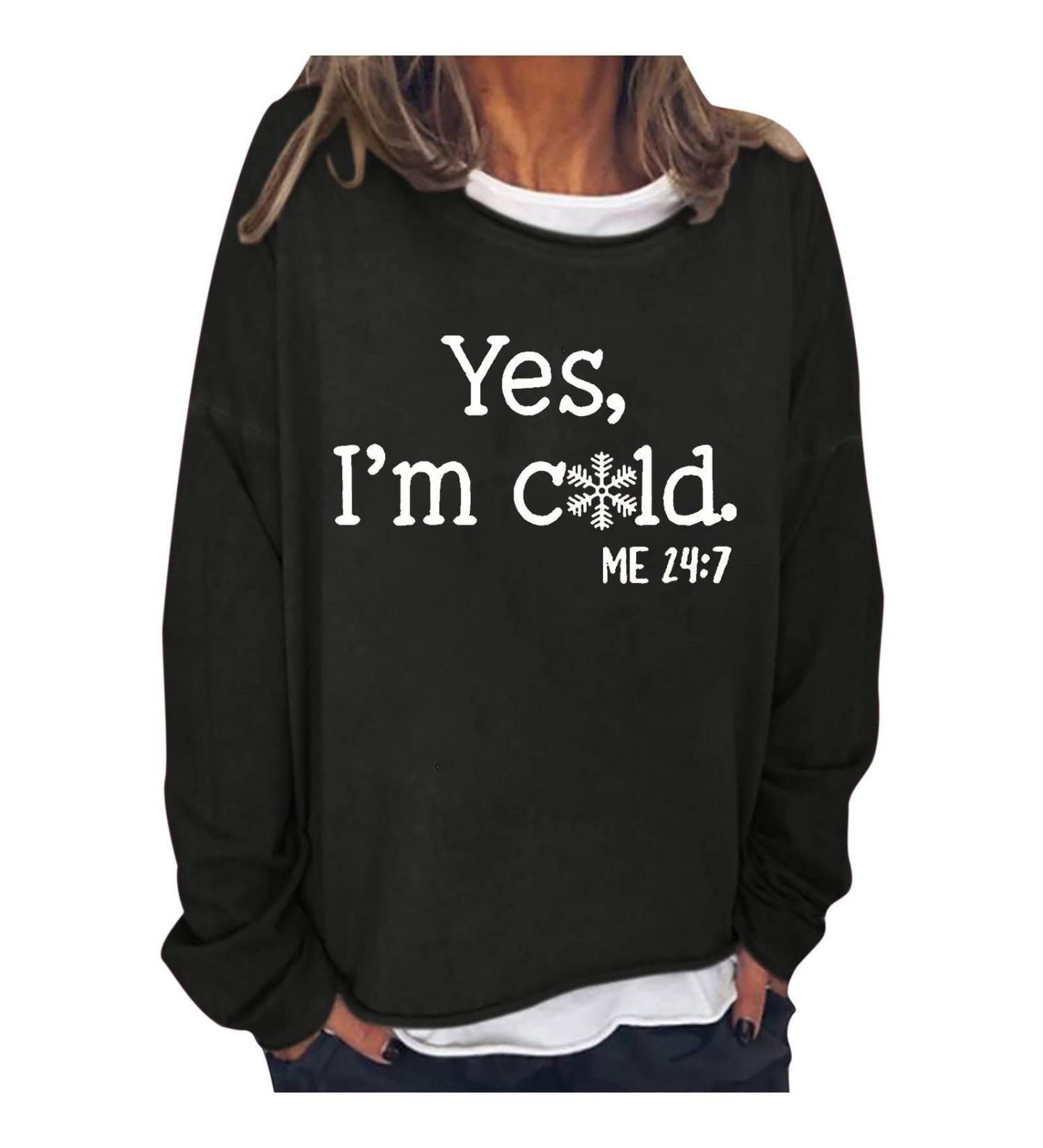 oelaio Yes I'm Cold Me 24:7 Sweatshirt for Women Funny Letter Print T Shirts Crewneck Raglan Long Sleeve Pullover Patchwork Black - Buy Online on GoSupps.com