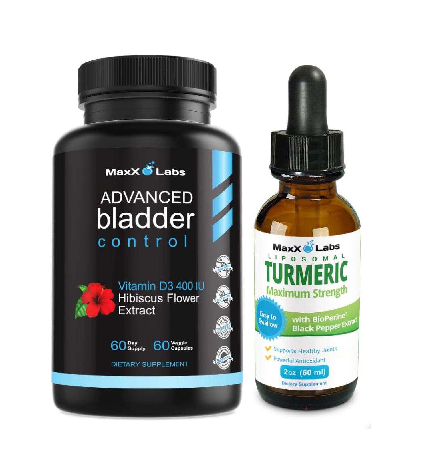 MaxX Labs Advanced Bladder Control Supplements for Women & Men 60 Capsules + Turmeric Liquid Drops with Curcumin & Black Pepper Extract Bioperine - 2 fl Oz - Buy Online on GoSupps.com