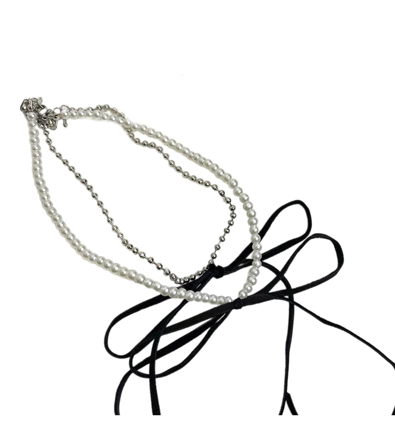 Oralgo Stylish Double Layer Necklace | Modern Butterfly Node with Fringes & Imitation Pearls - Elegant Pearl and Copper Design - Buy Online on GoSupps.com