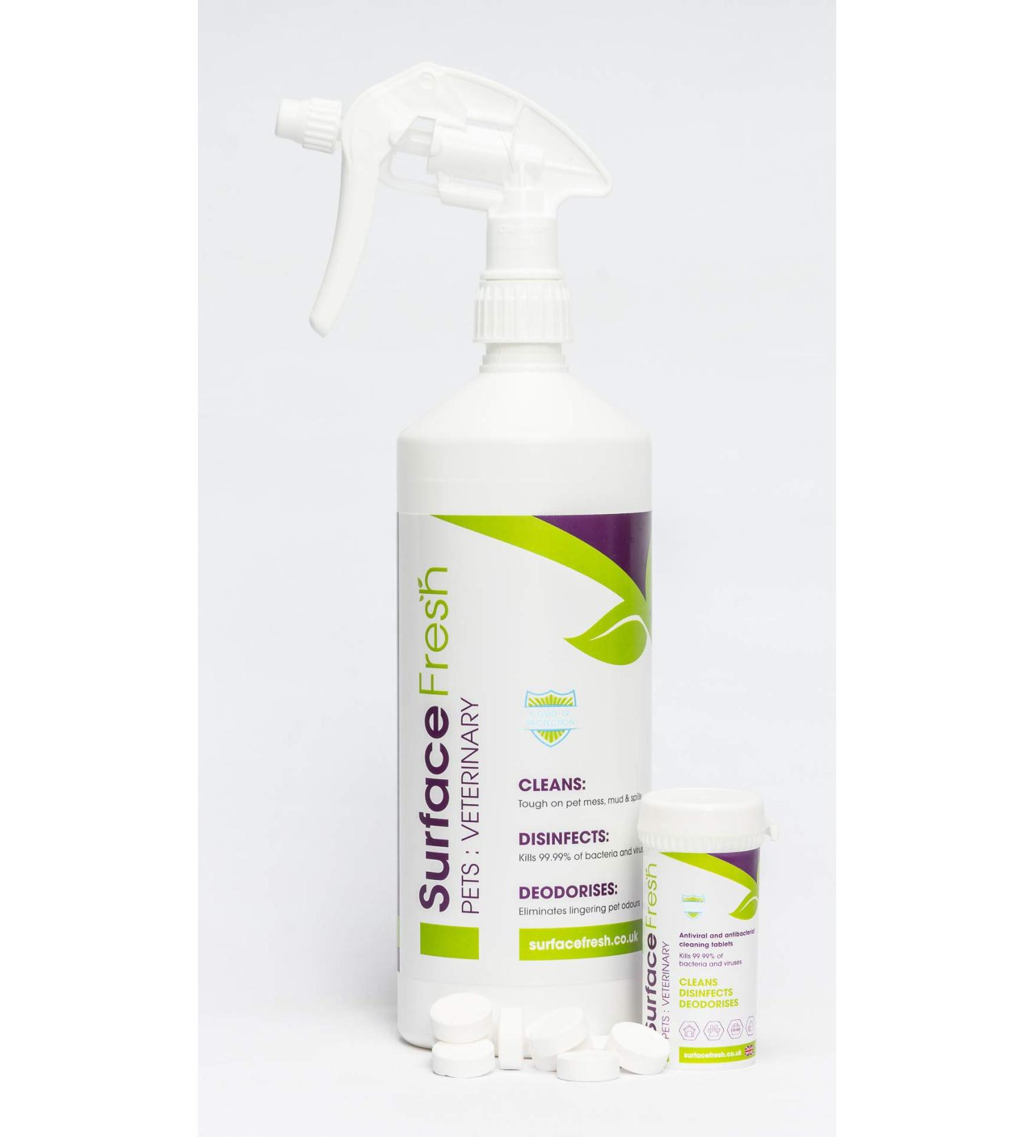 Surface Fresh Pets 10 Tablet Tube & 1 Litre Spray Bottle - Clinical Grade Cleaning for Pet Mess, Germs, and Odours - Buy Online on GoSupps.com